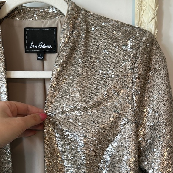 SAM EDELMAN | Champagne Gold Sequin Blazer Open Front 3/4 Sleeves - Picture 7 of 15